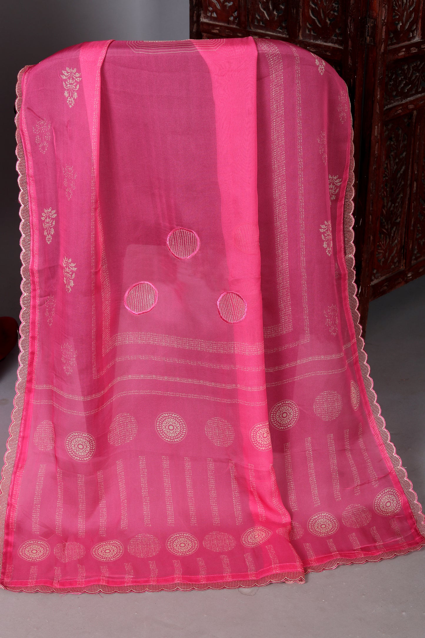 Hot Pink Color Pure Muslin Unstitched Suit Set With Organza Dupatta