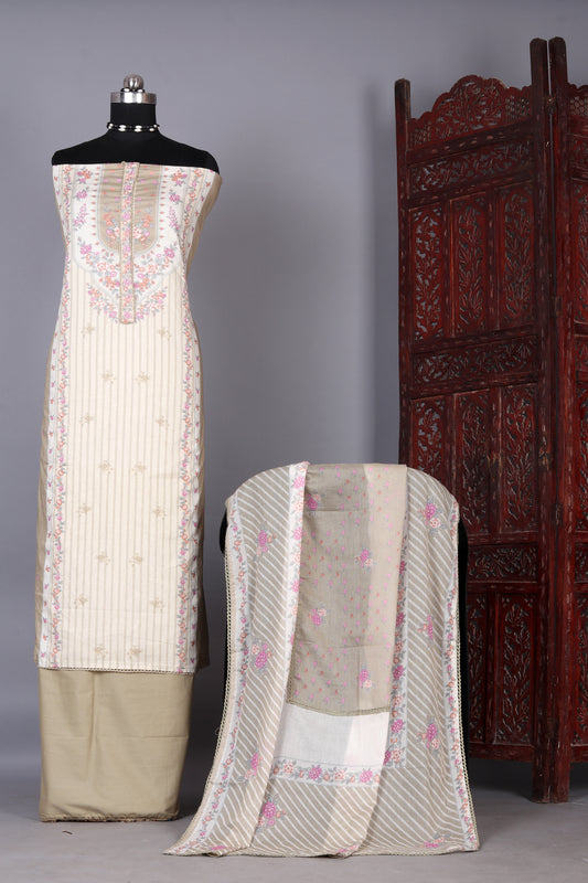 Light Chiku Brown Floral Digital Printed Unstitched Suit Set
