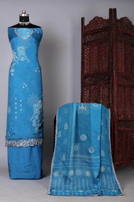 Blue Color Pure Muslin Unstitched Suit Set With Organza Dupatta