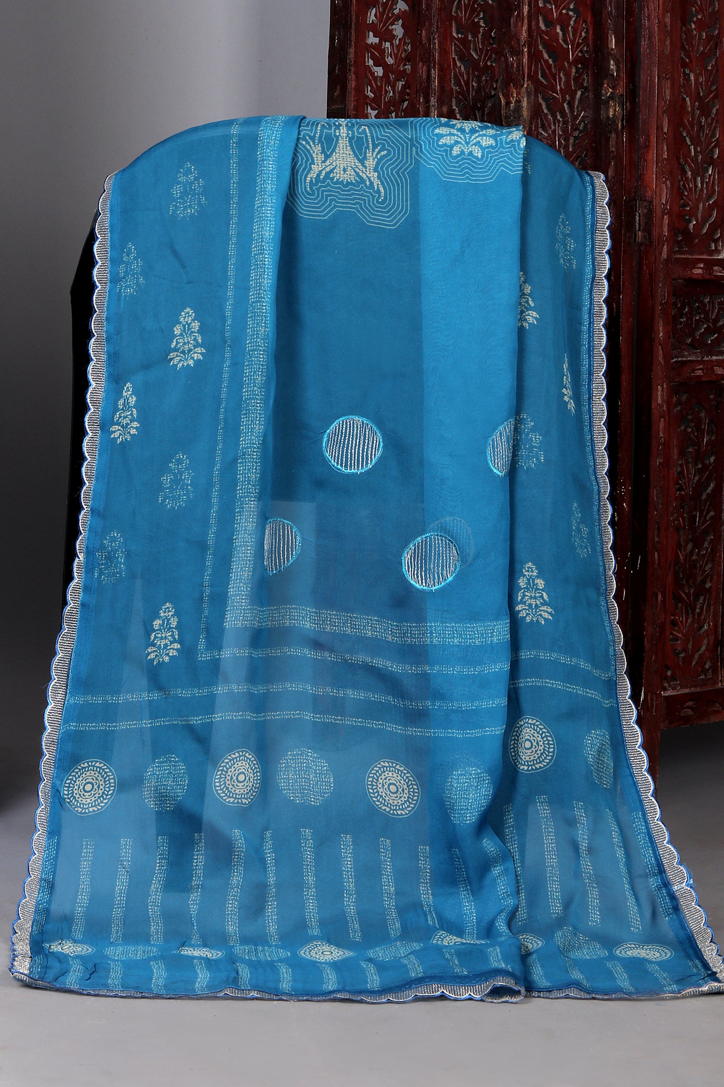Blue Color Pure Muslin Unstitched Suit Set With Organza Dupatta