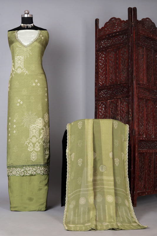 Mehendi Green Color Pure Muslin Unstitched Suit Set With Organza Dupatta