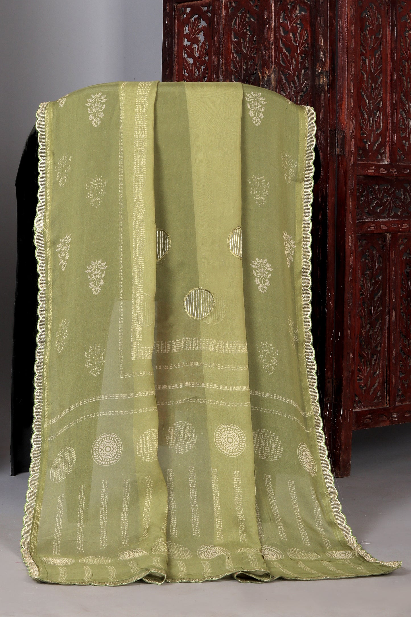 Mehendi Green Color Pure Muslin Unstitched Suit Set With Organza Dupatta