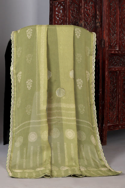 Mehendi Green Color Pure Muslin Unstitched Suit Set With Organza Dupatta