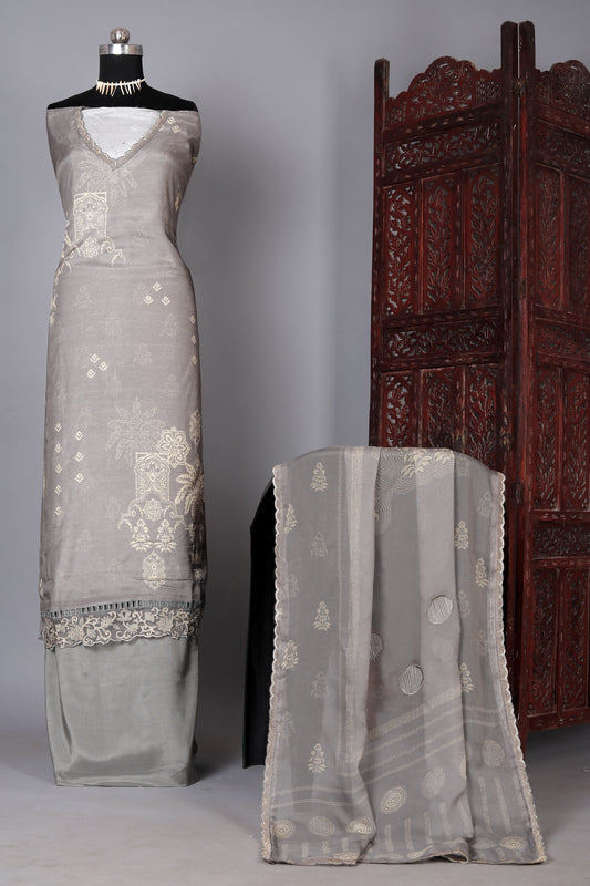 Grey Color Pure Muslin Unstitched Suit Set With Organza Dupatta