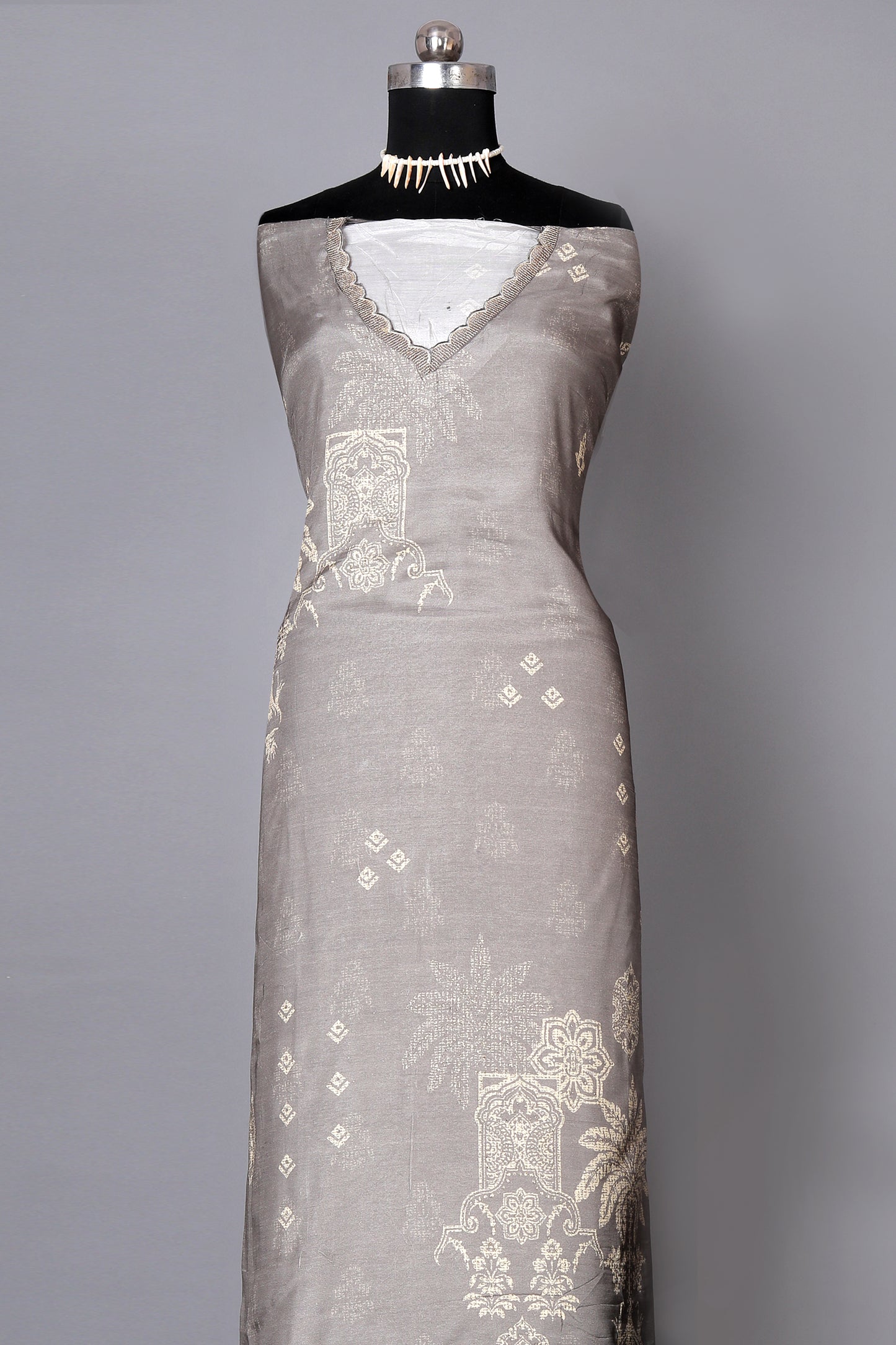 Grey Color Pure Muslin Unstitched Suit Set With Organza Dupatta