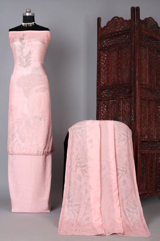 Peach Color Floral Embroidered Pure Muslin Unstitched Suit Set