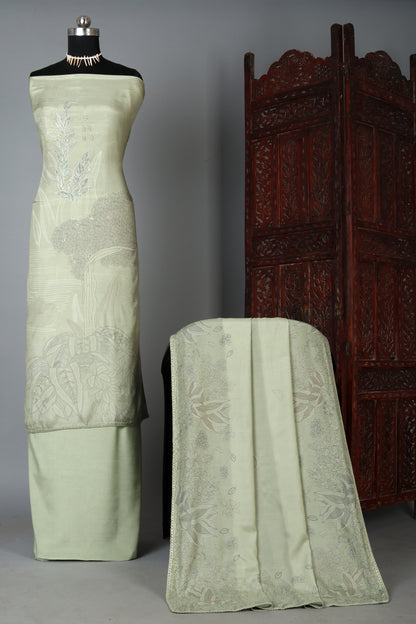 Pista Green Color Floral Embroidered Pure Muslin Unstitched Suit Set