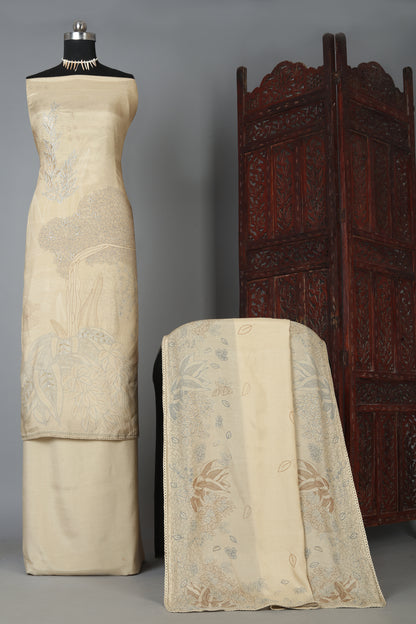 Golden Beige Color Floral Embroidered Pure Muslin Unstitched Suit Set