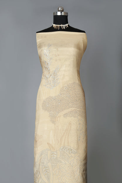 Golden Beige Color Floral Embroidered Pure Muslin Unstitched Suit Set