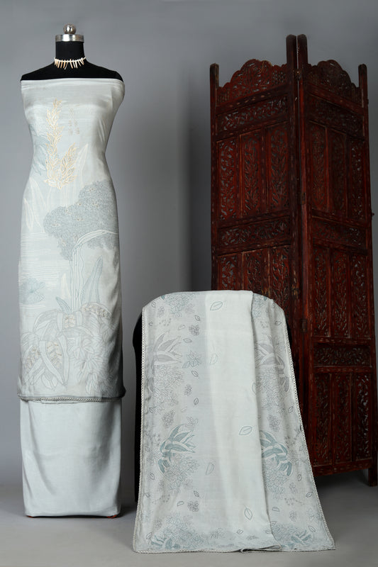 Elegant Light Grey Floral Embroidered Pure Muslin Unstitched Suit Set