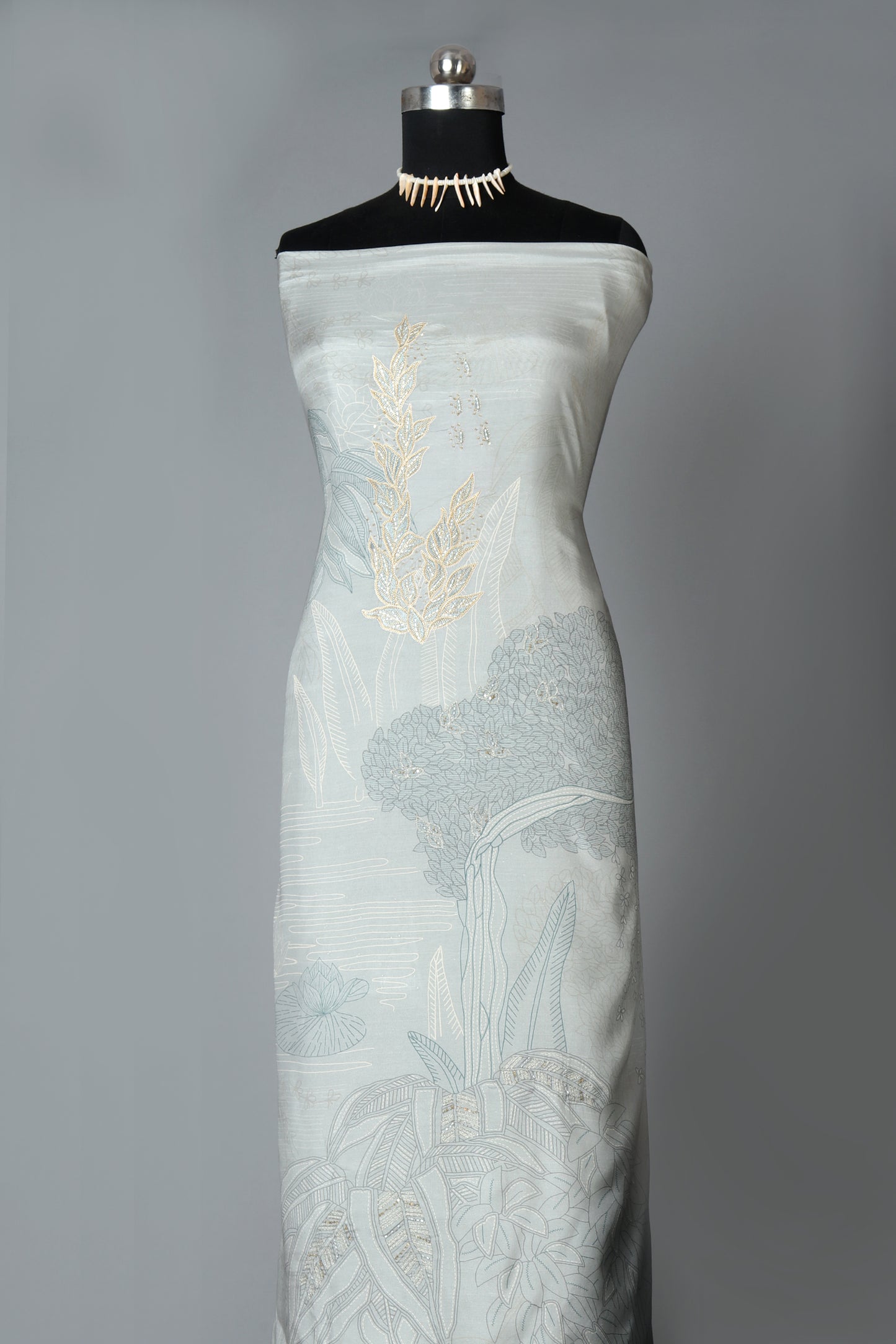 Elegant Light Grey Floral Embroidered Pure Muslin Unstitched Suit Set