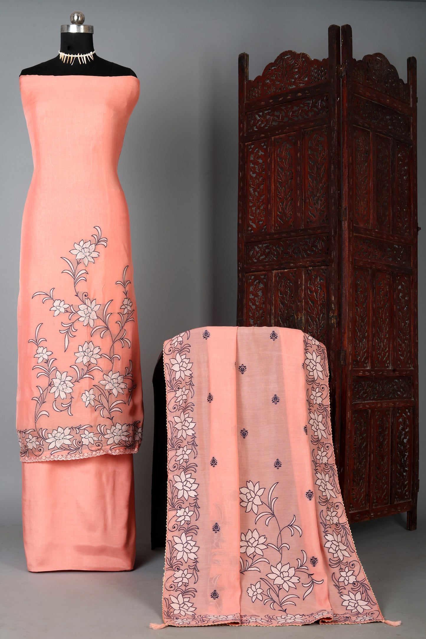 Peach Color Pure Chanderi Jacquard Unstitched Suit Set