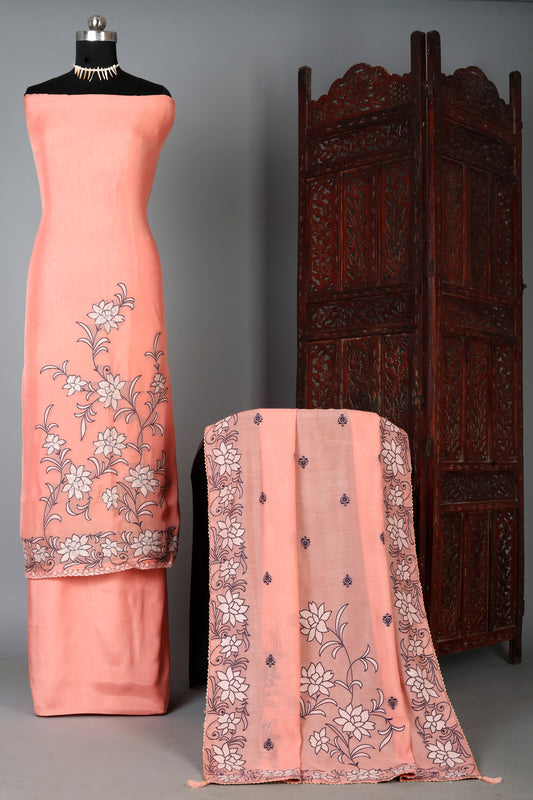 Peach Color Pure Chanderi Jacquard Unstitched Suit Set