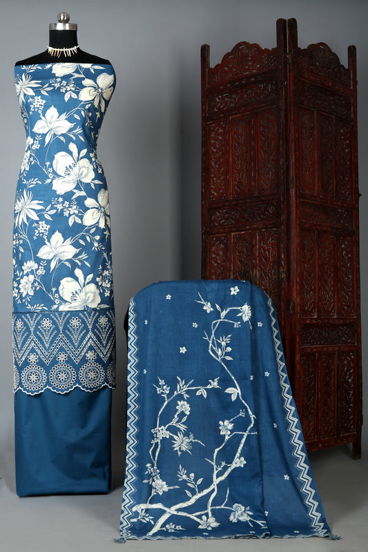 Navy Blue Pure Cotton Embroidered Daman Unstitched Suit Set