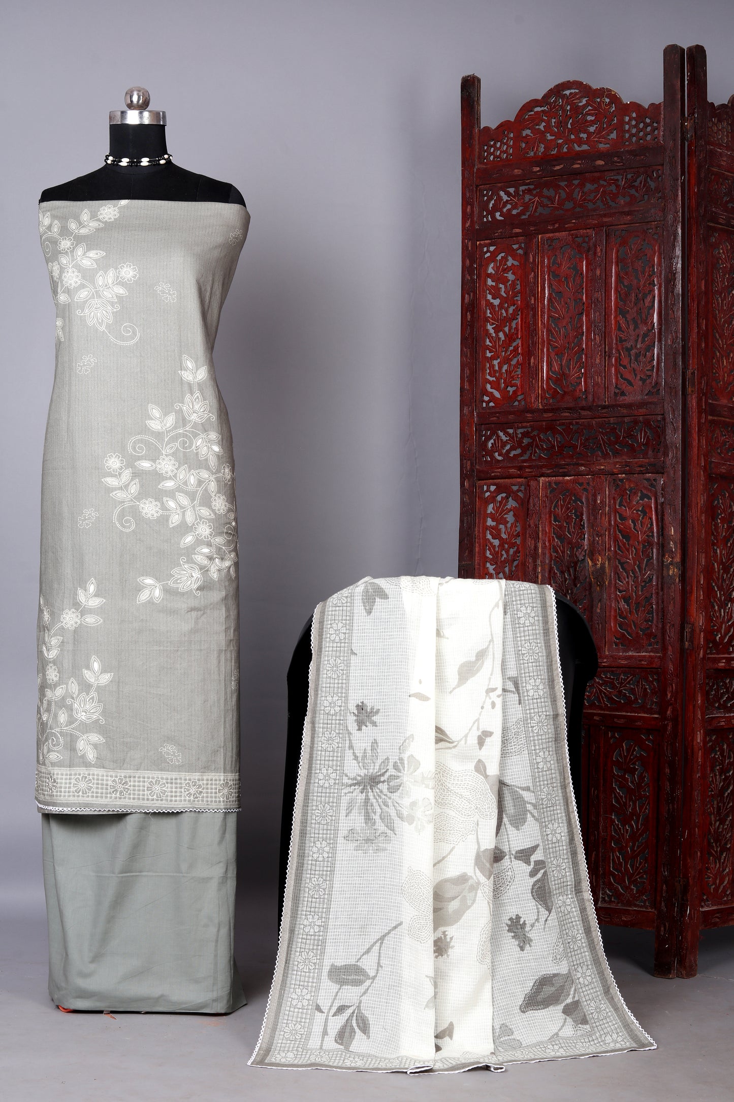 Grey & White Pure Cotton Embroidered Unstitched Suit Set
