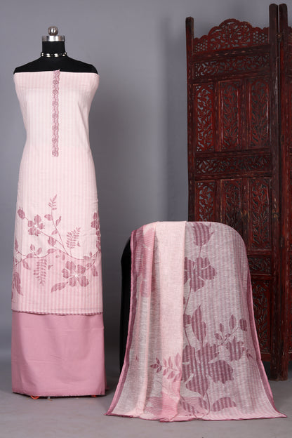 Elegant Blush Mauve Floral Striped Unstitched Suit Set