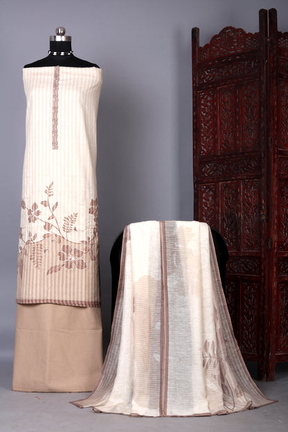 Elegant Beige Floral Striped Unstitched Suit Set