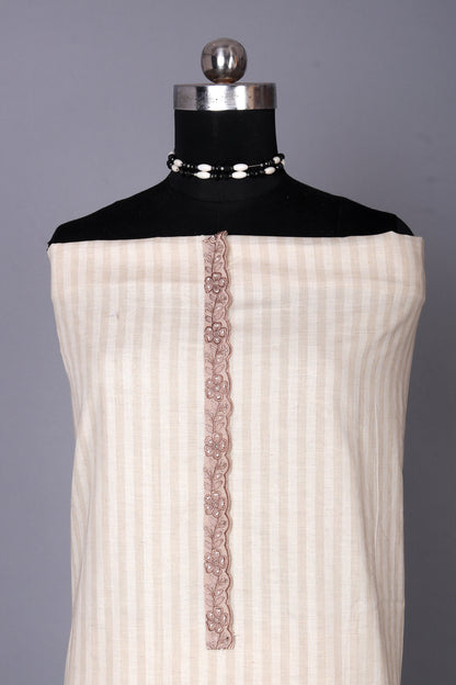 Elegant Beige Floral Striped Unstitched Suit Set