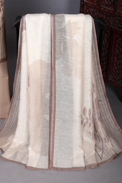 Elegant Beige Floral Striped Unstitched Suit Set