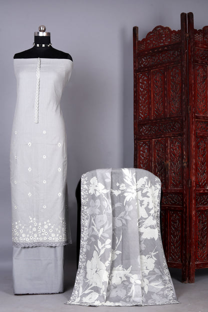 Elegent Grey Ethnic Wear Embroidered Unstitched Suit Set