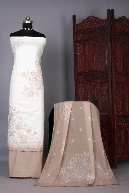 Sandstone Elegance Beige Floral Print Unstitched Suit Set