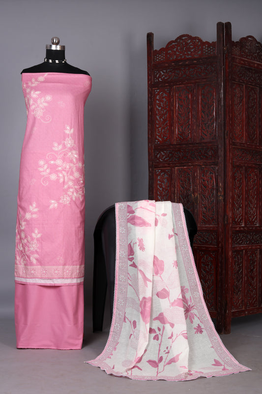 Rose Glow Cream Pure Cotton Unstitch Suit Set