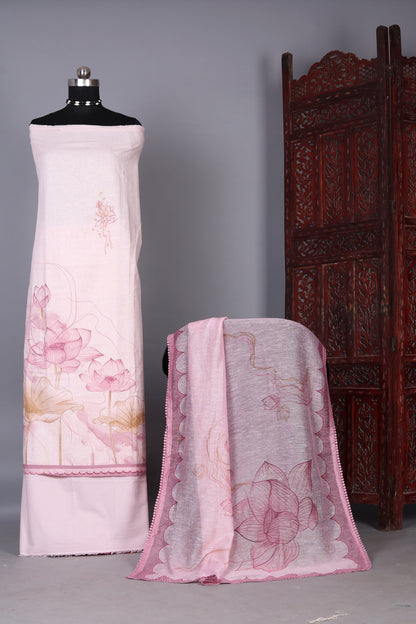 Peach Color Lotus Printed Pure Linen Unstitched Suit Set