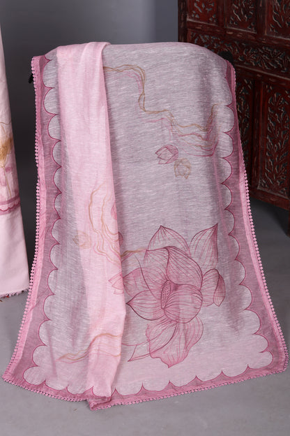 Peach Color Lotus Printed Pure Linen Unstitched Suit Set
