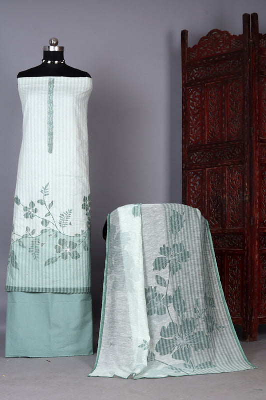 Elegant Green Floral Striped Unstitched Suit Set