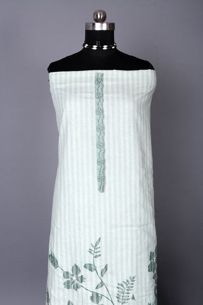 Elegant Green Floral Striped Unstitched Suit Set