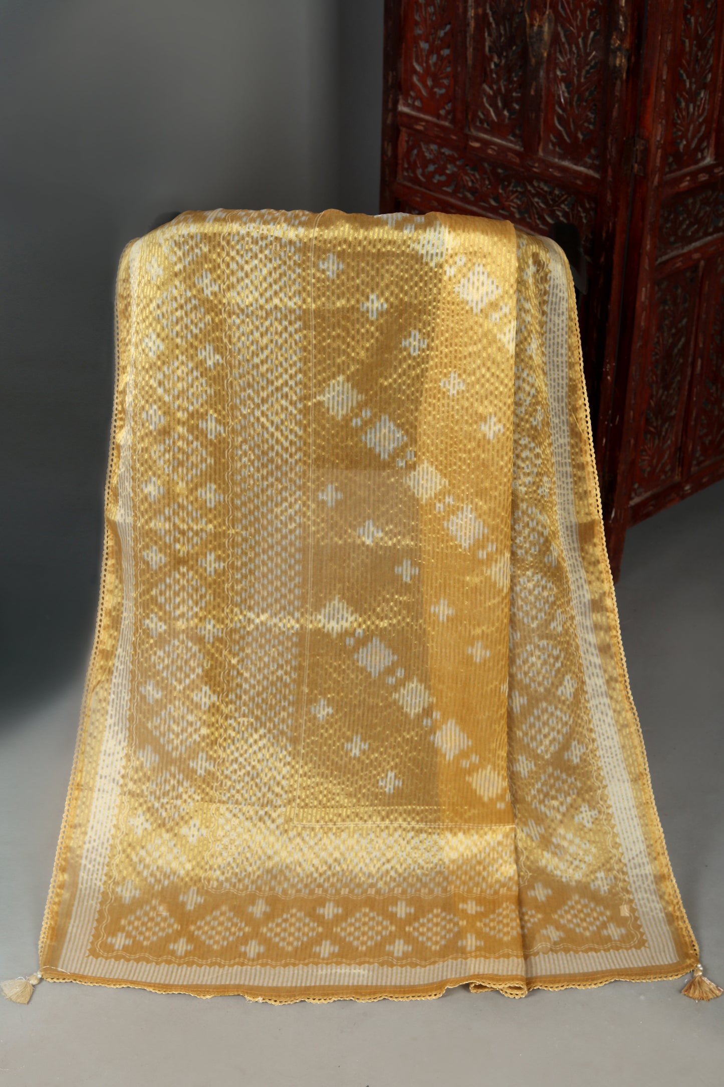 Golden Mustard Embroidered Pure Organza Shimmer Unstitched Suit Set