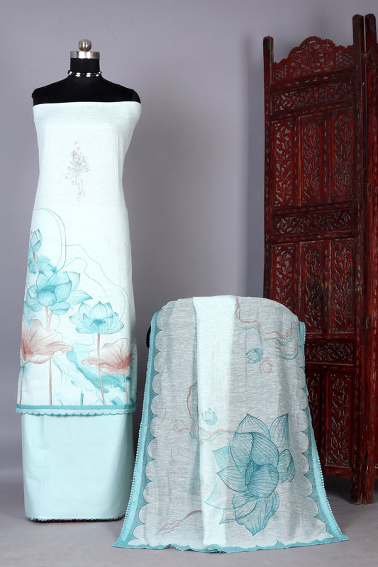 Turquoise Blue Lotus Printed Pure Linen Unstitched Suit Set