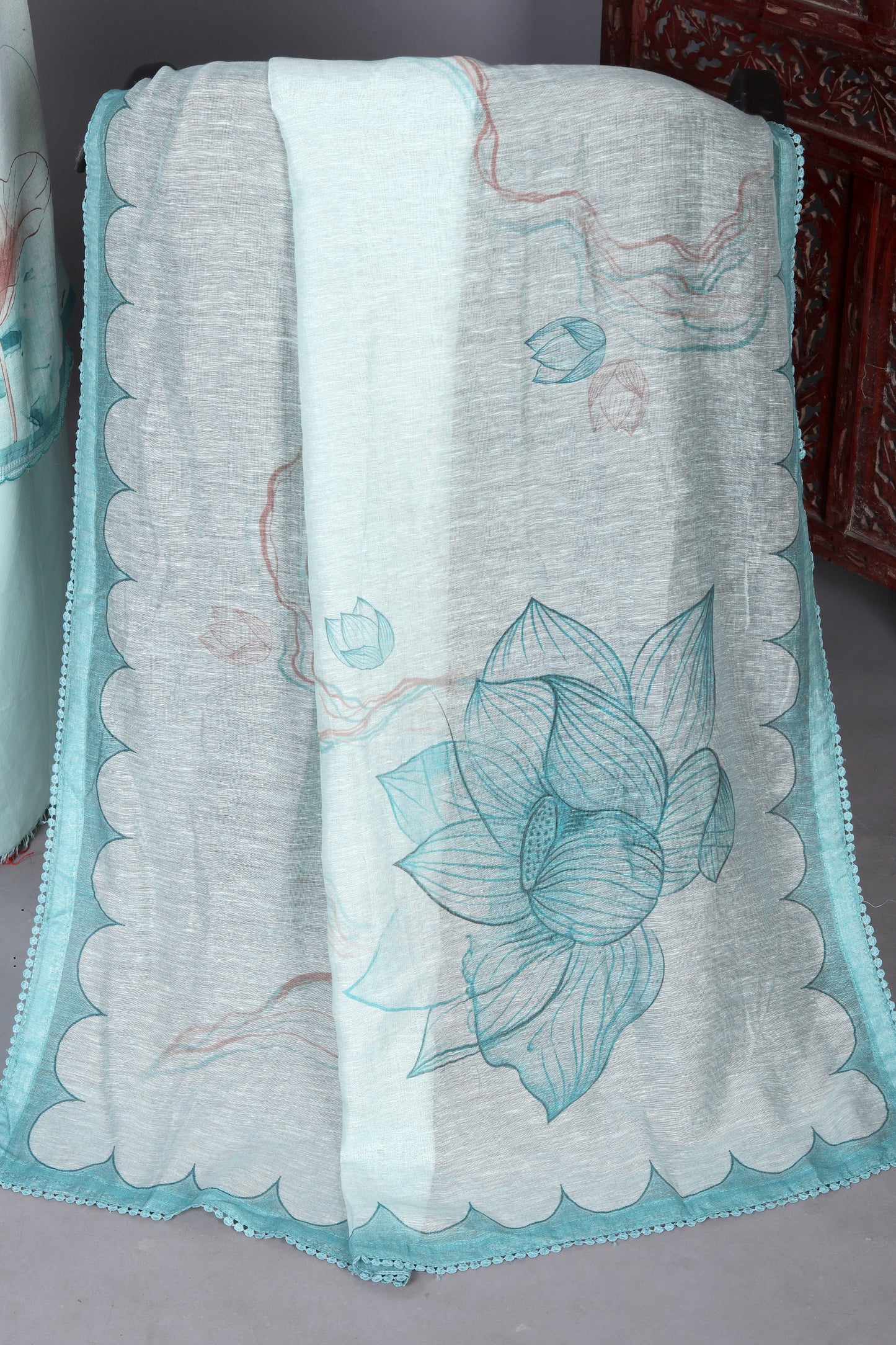 Turquoise Blue Lotus Printed Pure Linen Unstitched Suit Set