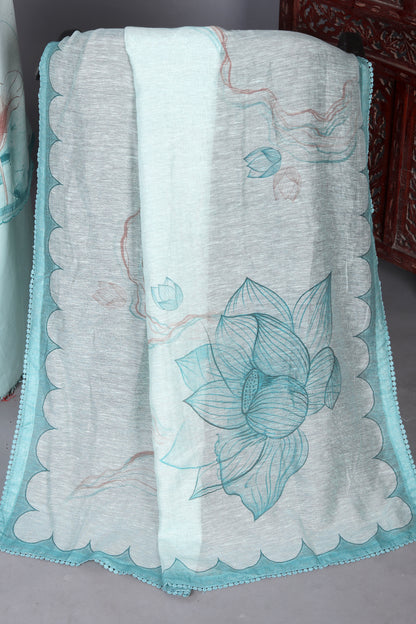 Turquoise Blue Lotus Printed Pure Linen Unstitched Suit Set