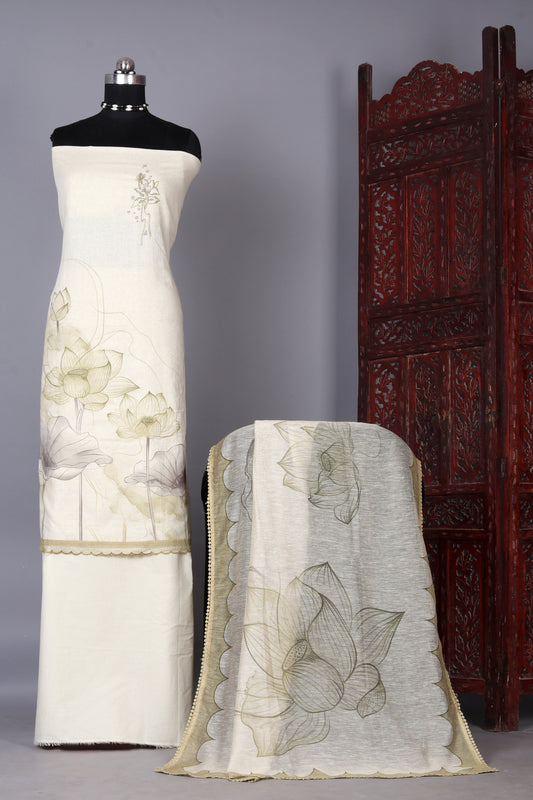 Lime Green Lotus Printed Pure Linen Unstitched Suit Set