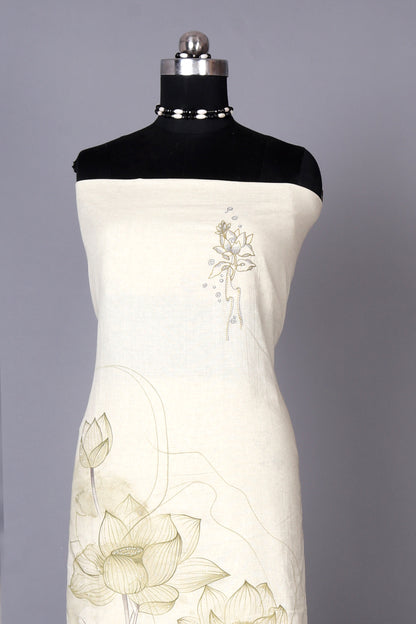 Lime Green Lotus Printed Pure Linen Unstitched Suit Set