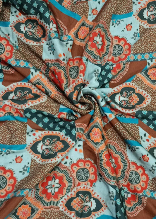 Brown & Multicolor Geometric Printed Pure Muslin Fabric
