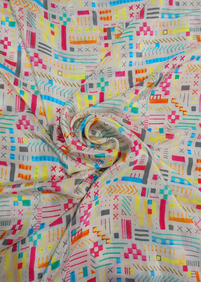 Off White & Multicolor Geometric Pure Natural Crepe Printed Fabric (Width 58 Inches)