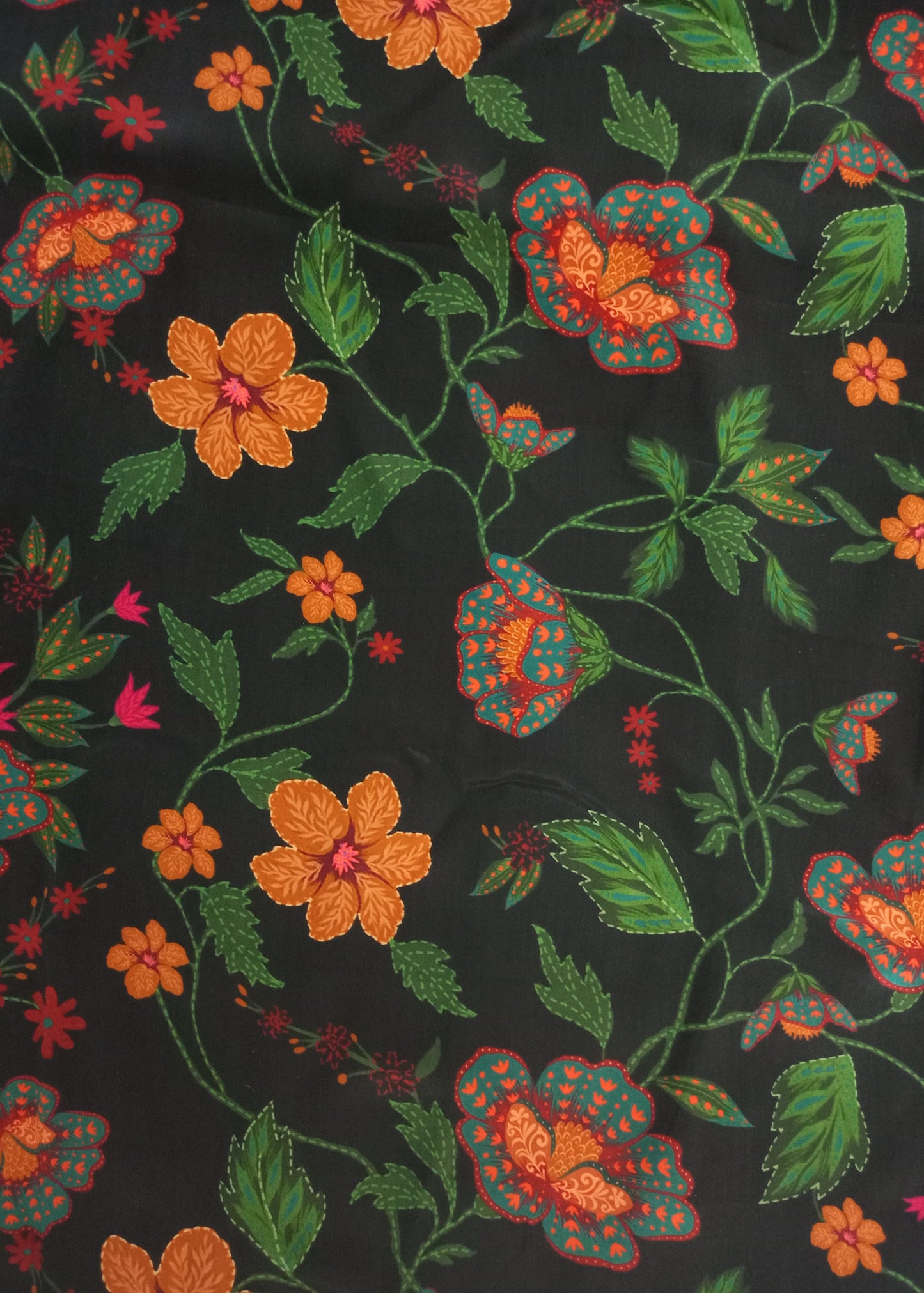 Jade Black & Mustard Yellow Flower Printed Pure Natural Crepe Fabric (Width 58 Inches)