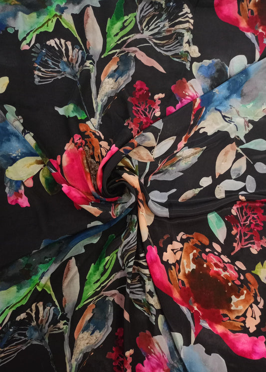 Black & Multicolor Floral Pure Natural Crepe Printed Fabric (Width 58 Inches)