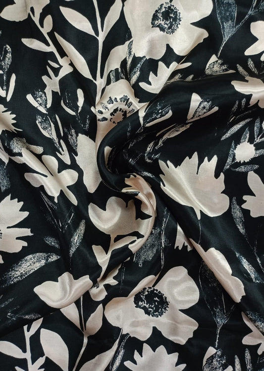 Black & Cream Flower Leaf Printed Pure Gajji Silk Fabric