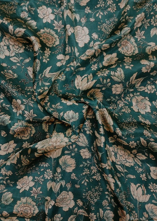 Bottle Green & Cream Floral Kalamkari Printed Pure Gajji Silk Fabric