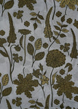 Pure White & Olive Green Floral Printed Pure Muslin Fabric