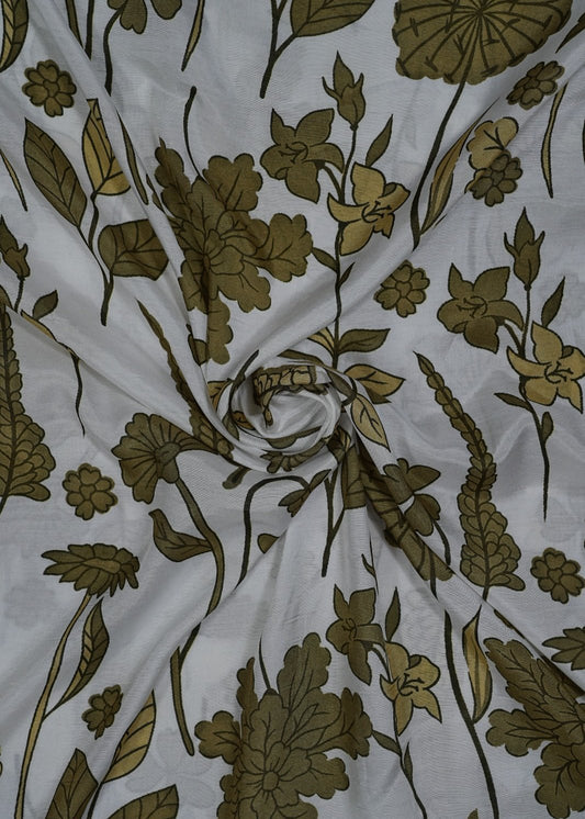 Pure White & Olive Green Floral Printed Pure Muslin Fabric