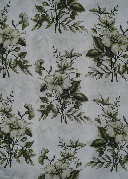 Pure White & Dark Green Flower Printed Pure Muslin Fabric