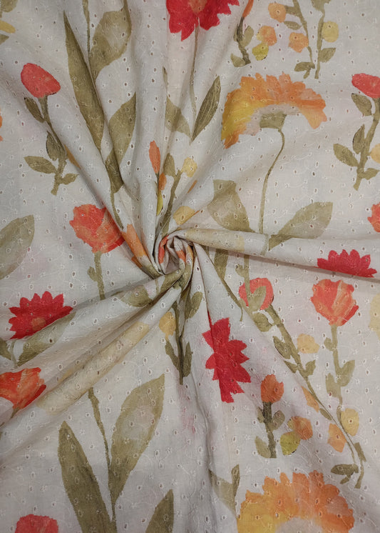 Cream & Orange Floral Pure Cotton Schiffli Printed Embroidered Fabric