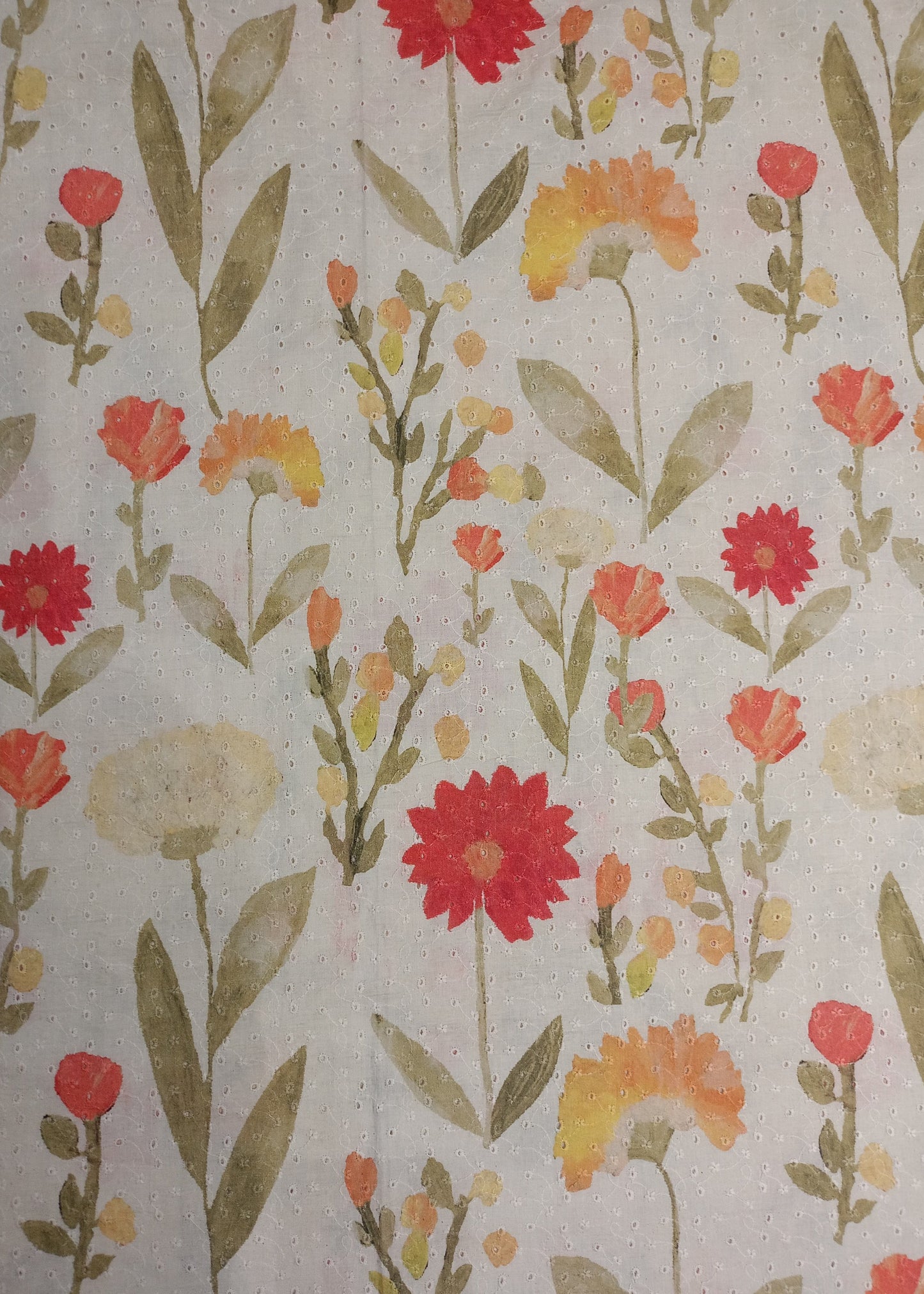 Cream & Orange Floral Pure Cotton Schiffli Printed Embroidered Fabric