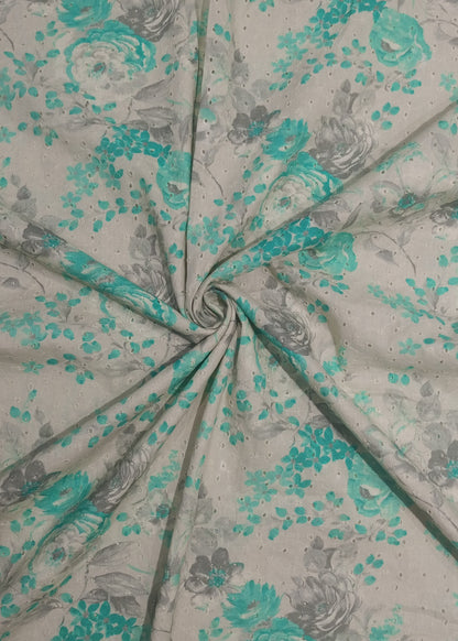 Grey & Aqua Blue Pure Cotton Schiffli Printed Embroidered Fabric