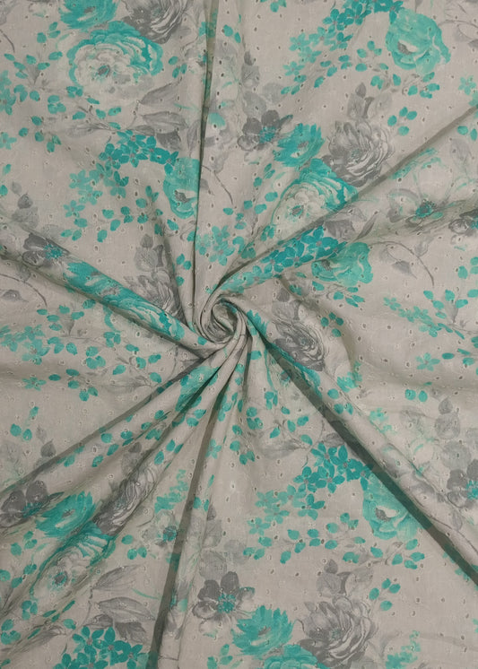Grey & Aqua Blue Pure Cotton Schiffli Printed Embroidered Fabric
