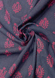 Grey & Pink Floral Pure Cotton Hand Block Printed Fabric